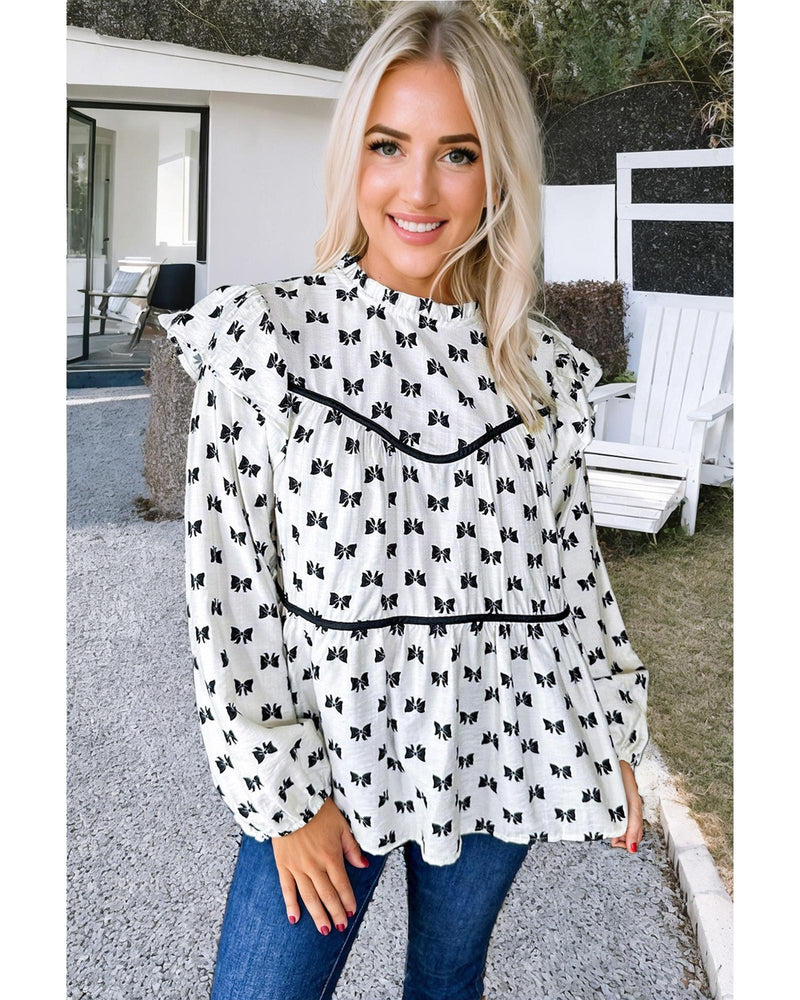 White Bow Knot Print Piping Trim Ruffled Crew Neck Blouse - M