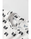 White Bow Knot Print Piping Trim Ruffled Crew Neck Blouse - M