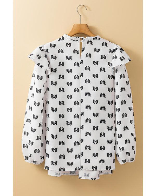 White Bow Knot Print Piping Trim Ruffled Crew Neck Blouse - XL