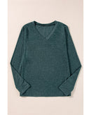 Mist Green Solid Color Long Sleeve V Neck Top - L