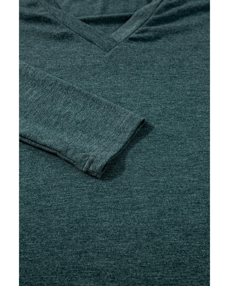 Mist Green Solid Color Long Sleeve V Neck Top - L