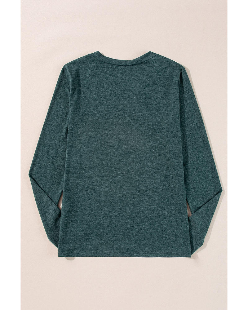 Mist Green Solid Color Long Sleeve V Neck Top - L