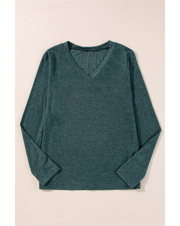 Mist Green Solid Color Long Sleeve V Neck Top - M