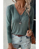 Mist Green Solid Color Long Sleeve V Neck Top - M
