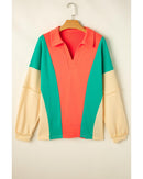 Grapefruit Orange Color Block Patchwork Collared V Neck Loose Top - L