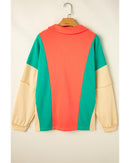 Grapefruit Orange Color Block Patchwork Collared V Neck Loose Top - L
