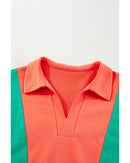 Grapefruit Orange Color Block Patchwork Collared V Neck Loose Top - L