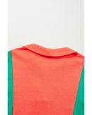 Grapefruit Orange Color Block Patchwork Collared V Neck Loose Top - M