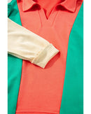 Grapefruit Orange Color Block Patchwork Collared V Neck Loose Top - M