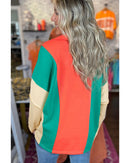 Grapefruit Orange Color Block Patchwork Collared V Neck Loose Top - M