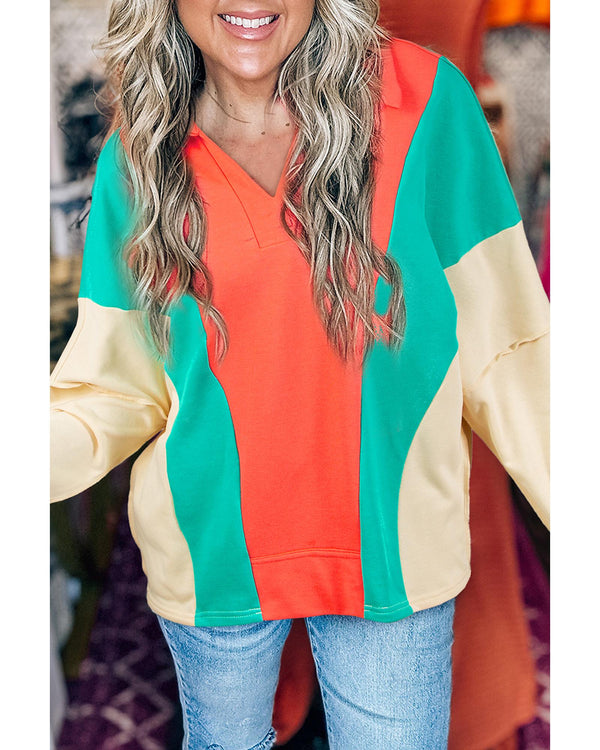 Grapefruit Orange Color Block Patchwork Collared V Neck Loose Top - S