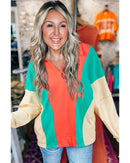 Grapefruit Orange Color Block Patchwork Collared V Neck Loose Top - S