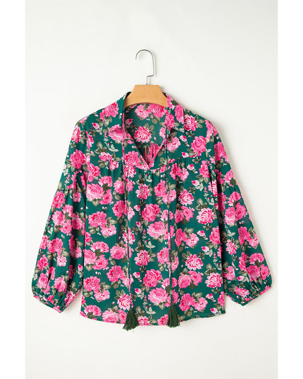 Green Floral Printed Tied Collar Puff Sleeve Blouse - M