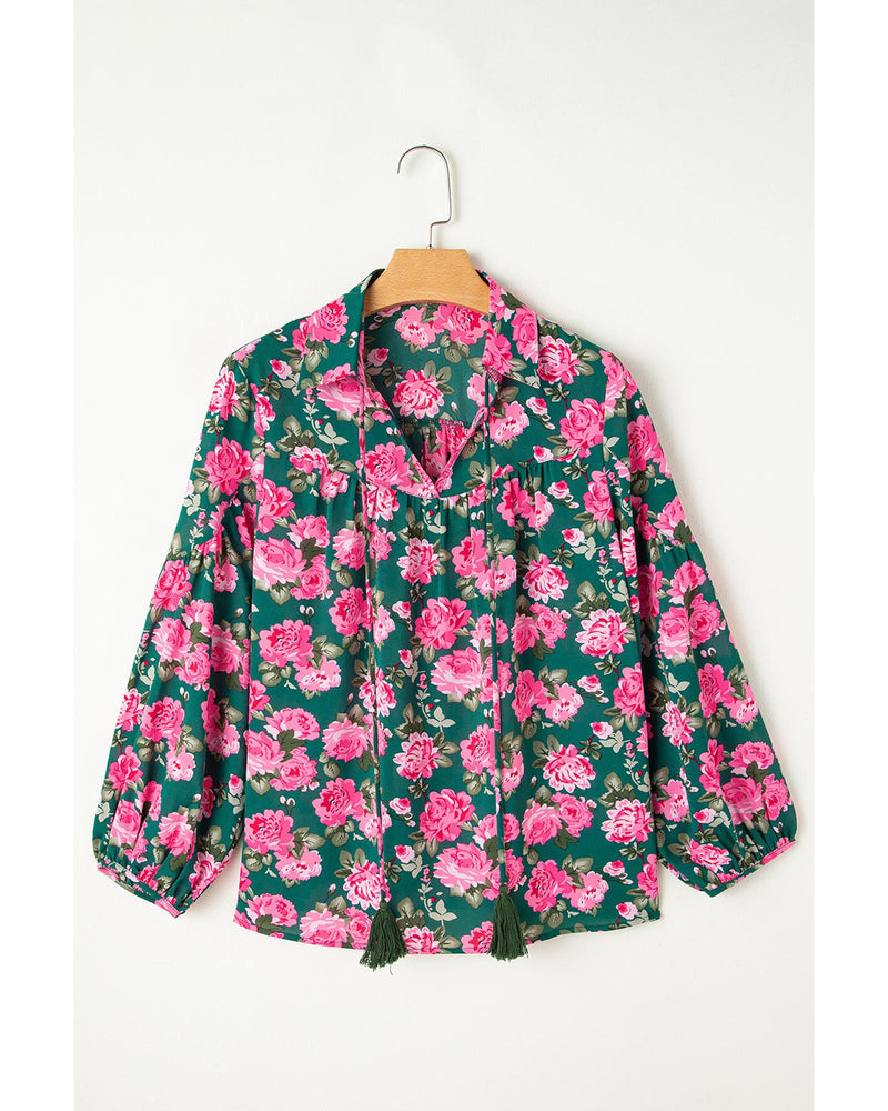 Green Floral Printed Tied Collar Puff Sleeve Blouse - M