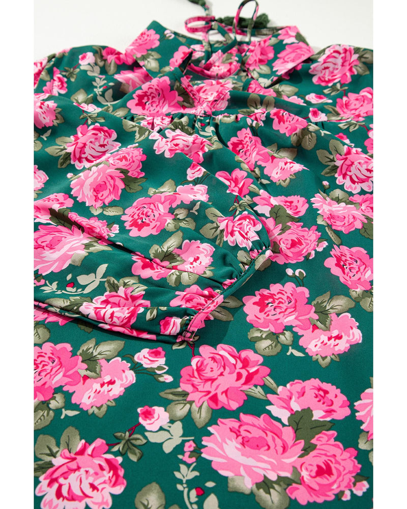 Green Floral Printed Tied Collar Puff Sleeve Blouse - M