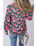 Green Floral Printed Tied Collar Puff Sleeve Blouse - M