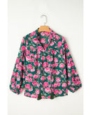 Green Floral Printed Tied Collar Puff Sleeve Blouse - S