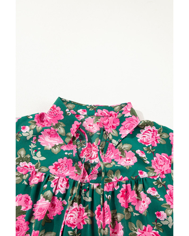Green Floral Printed Tied Collar Puff Sleeve Blouse - S
