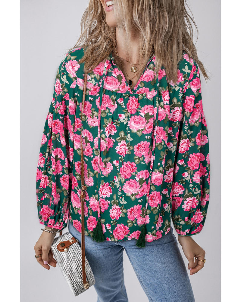 Green Floral Printed Tied Collar Puff Sleeve Blouse - S