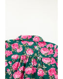 Green Floral Printed Tied Collar Puff Sleeve Blouse - XL