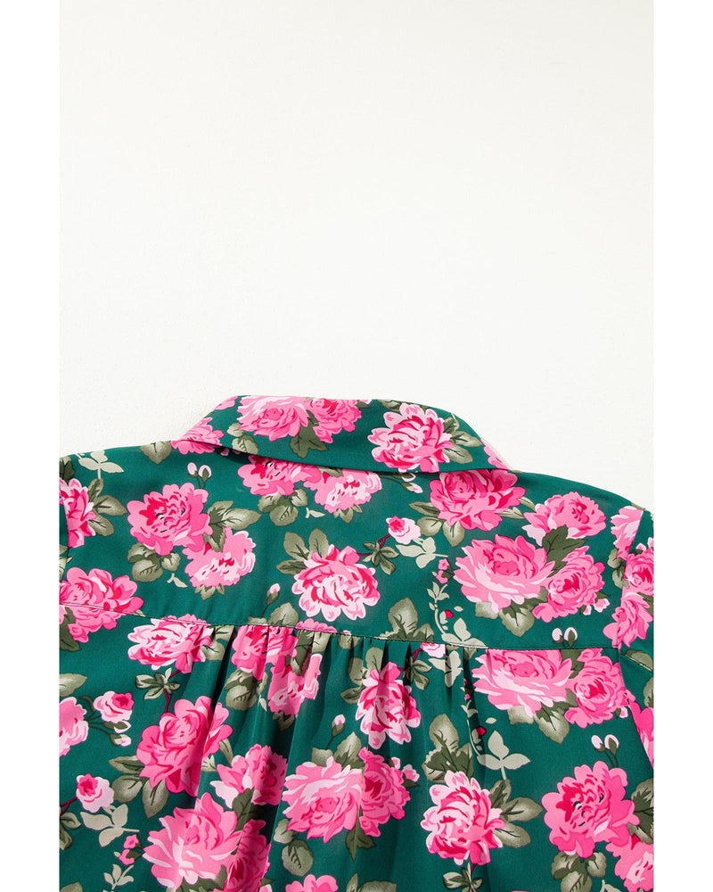 Green Floral Printed Tied Collar Puff Sleeve Blouse - XL