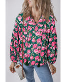 Green Floral Printed Tied Collar Puff Sleeve Blouse - XL