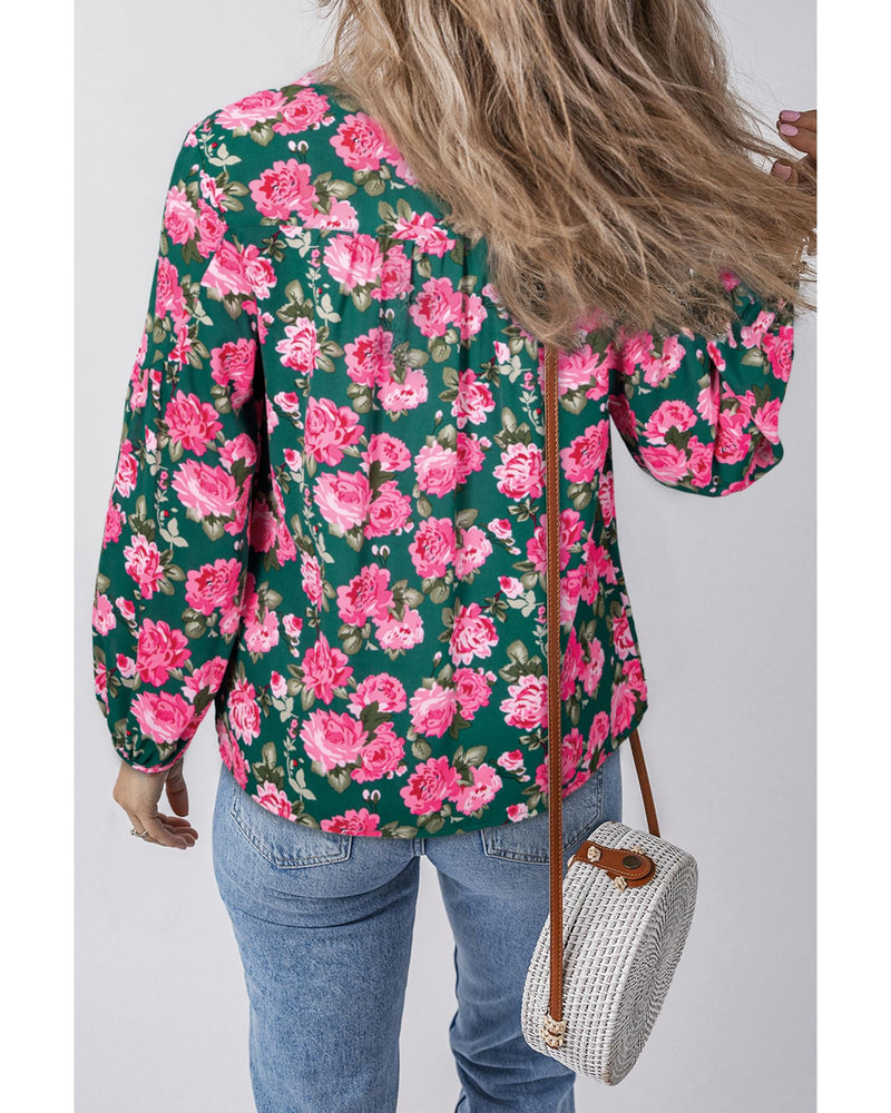 Green Floral Printed Tied Collar Puff Sleeve Blouse - XL