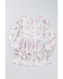 Pink Floral Print Shirred Balloon Sleeve Keyhole Back Babydoll Blouse - L