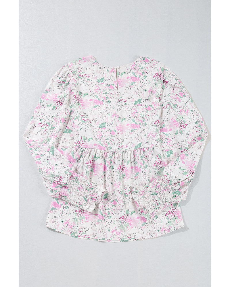 Pink Floral Print Shirred Balloon Sleeve Keyhole Back Babydoll Blouse - L