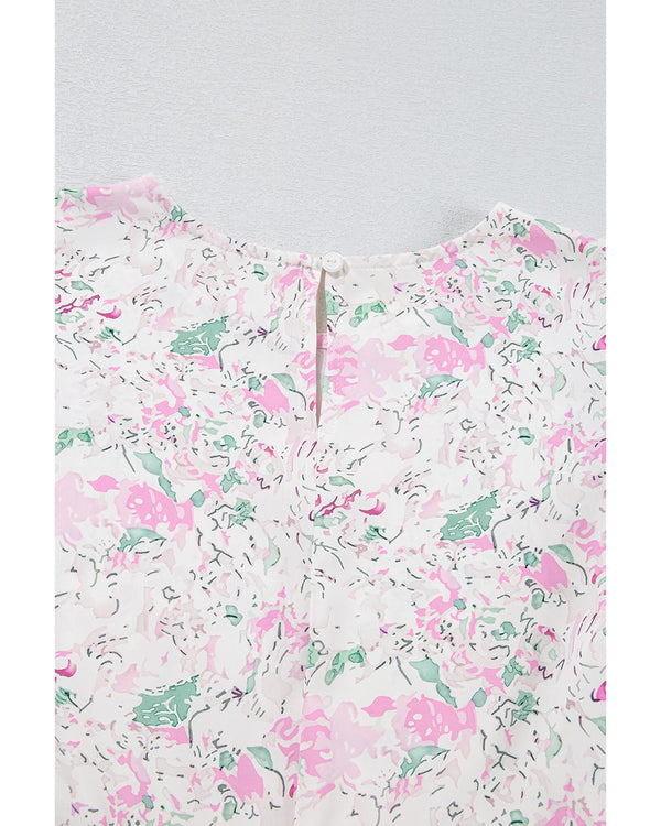 Pink Floral Print Shirred Balloon Sleeve Keyhole Back Babydoll Blouse - M