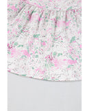 Pink Floral Print Shirred Balloon Sleeve Keyhole Back Babydoll Blouse - M