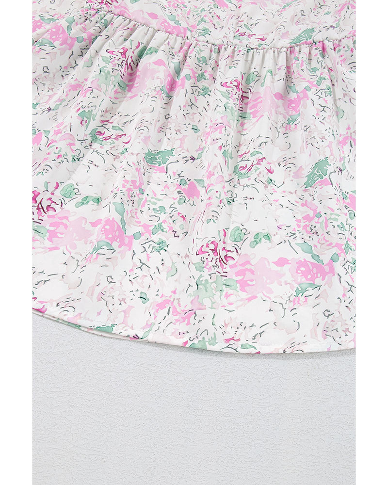 Pink Floral Print Shirred Balloon Sleeve Keyhole Back Babydoll Blouse - M