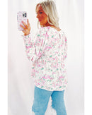 Pink Floral Print Shirred Balloon Sleeve Keyhole Back Babydoll Blouse - M