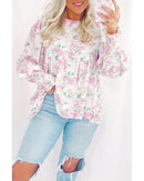 Pink Floral Print Shirred Balloon Sleeve Keyhole Back Babydoll Blouse - M