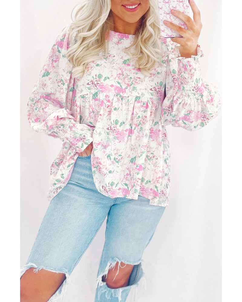 Pink Floral Print Shirred Balloon Sleeve Keyhole Back Babydoll Blouse - M