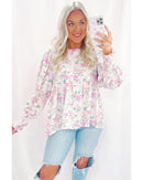 Pink Floral Print Shirred Balloon Sleeve Keyhole Back Babydoll Blouse - S