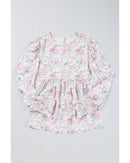 Pink Floral Print Shirred Balloon Sleeve Keyhole Back Babydoll Blouse - S
