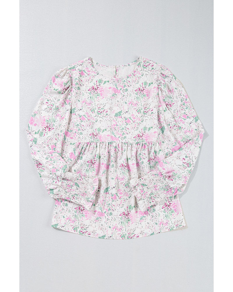 Pink Floral Print Shirred Balloon Sleeve Keyhole Back Babydoll Blouse - S