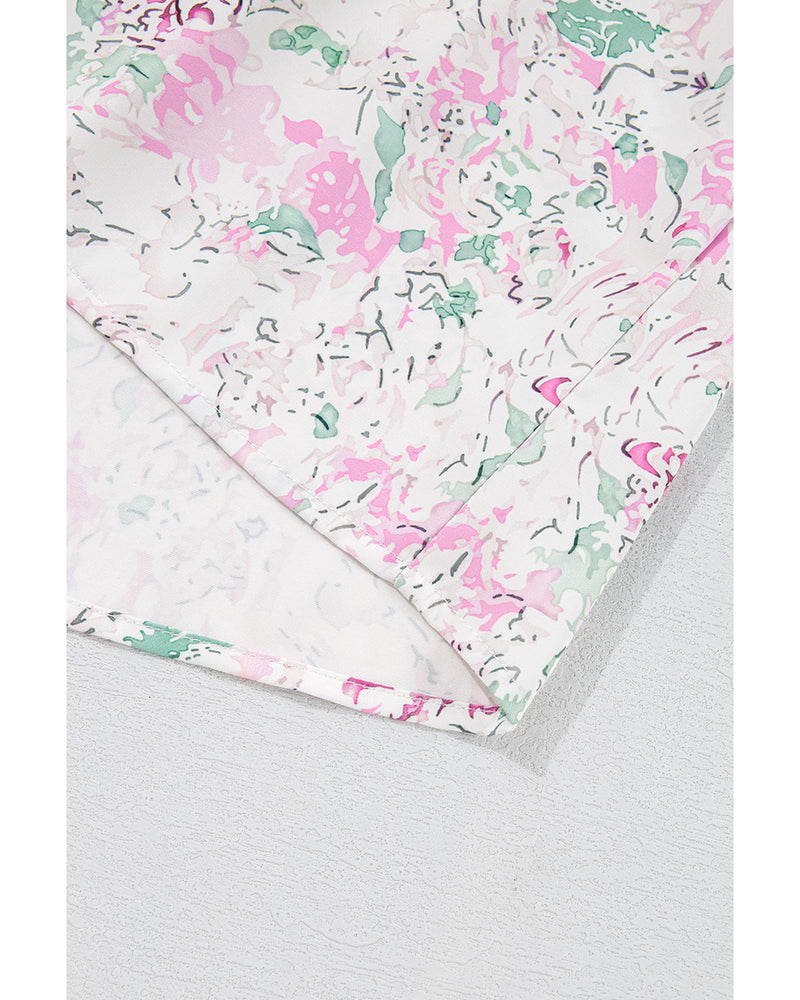 Pink Floral Print Shirred Balloon Sleeve Keyhole Back Babydoll Blouse - S