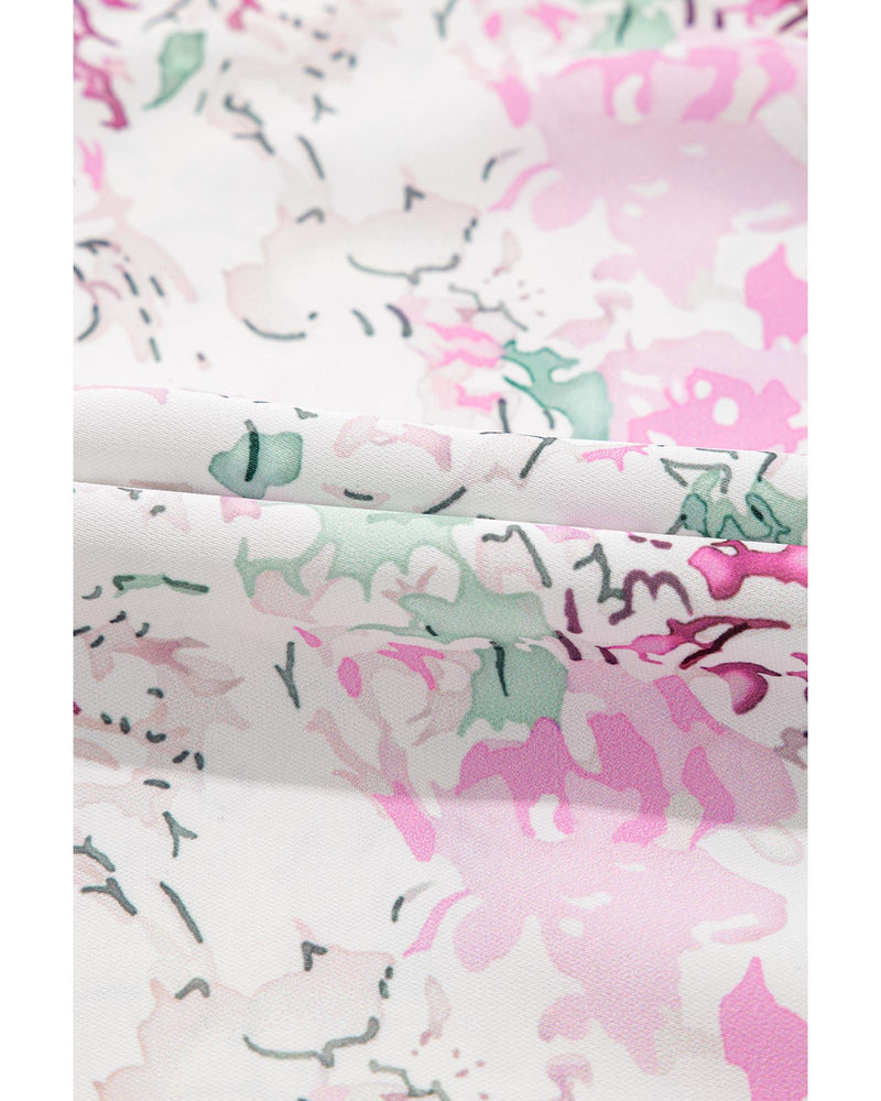 Pink Floral Print Shirred Balloon Sleeve Keyhole Back Babydoll Blouse - S