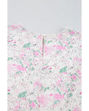 Pink Floral Print Shirred Balloon Sleeve Keyhole Back Babydoll Blouse - XL