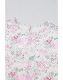 Pink Floral Print Shirred Balloon Sleeve Keyhole Back Babydoll Blouse - XL