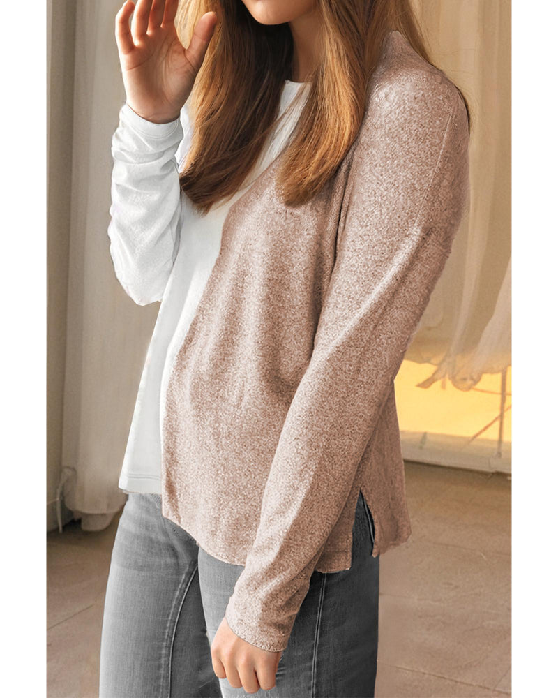 Khaki Colorblock Long Sleeve Crew Neck Top - M