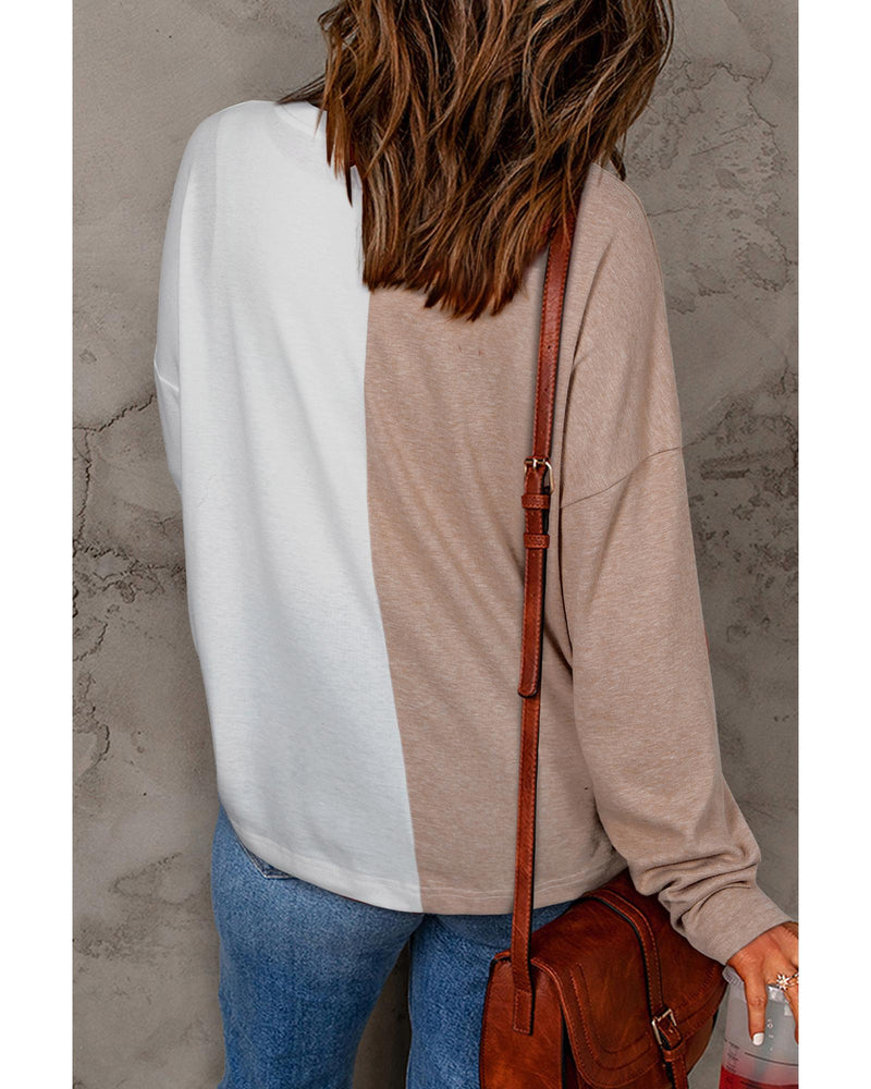 Khaki Colorblock Long Sleeve Crew Neck Top - M