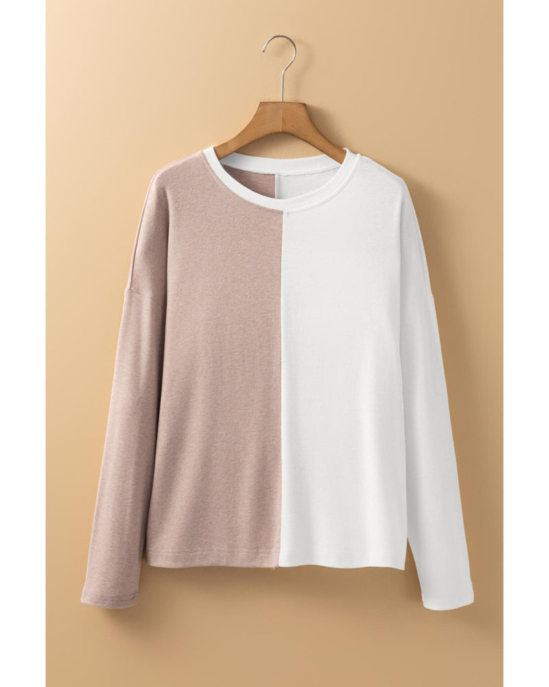 Khaki Colorblock Long Sleeve Crew Neck Top - S
