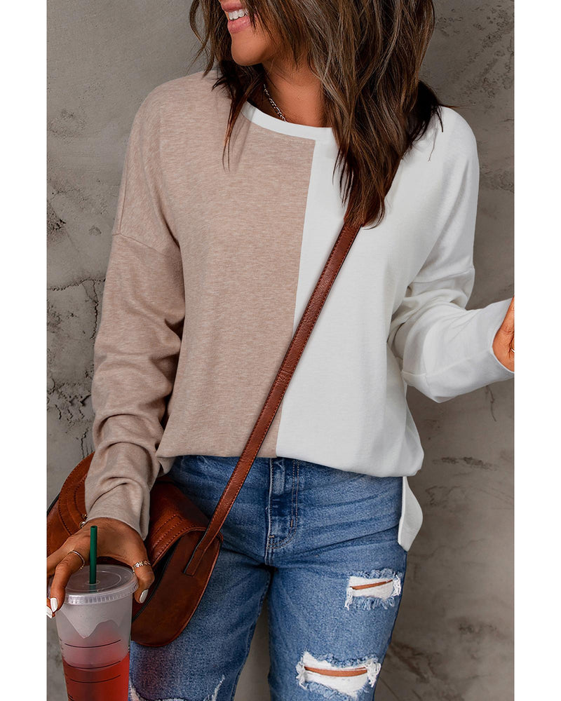 Khaki Colorblock Long Sleeve Crew Neck Top - XL