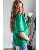 Sea Green Solid Textured O Neck Puff Sleeve Blouse - S