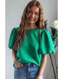 Sea Green Solid Textured O Neck Puff Sleeve Blouse - S