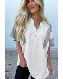 Light Grey Two Tone Contrast Waffle Knit Patched Buttoned V Neck Top - L