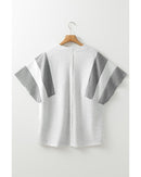 Light Grey Two Tone Contrast Waffle Knit Patched Buttoned V Neck Top - M